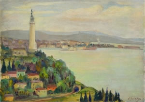 Paese lacustre con faro - ulje na platnu, , 25x35cm