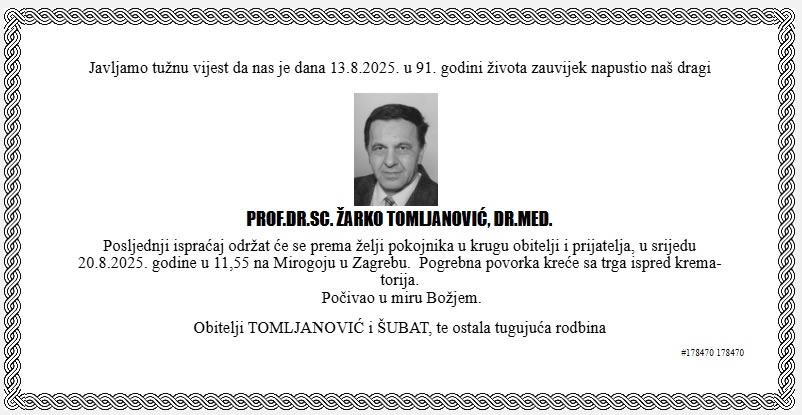 Žarko Tomljanović, osmrtnica