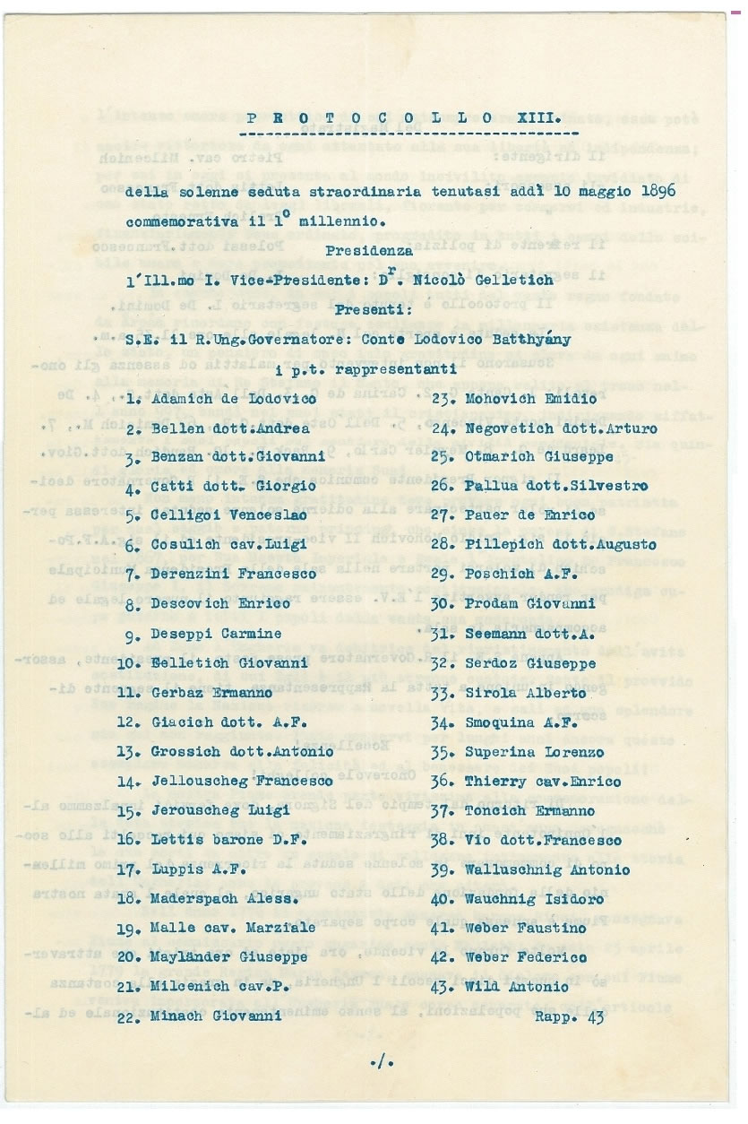 Zapisnik svečane sjednice Zastupstva grada Rijeke u čast tisućite obljetnice osnutka mađarske države, 10.05.1896 (kopija iz 1929)