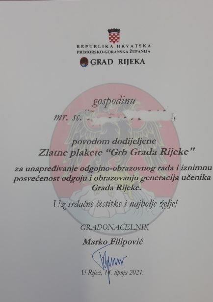 Zlatna plaketa “Grb Grada Rijeke”