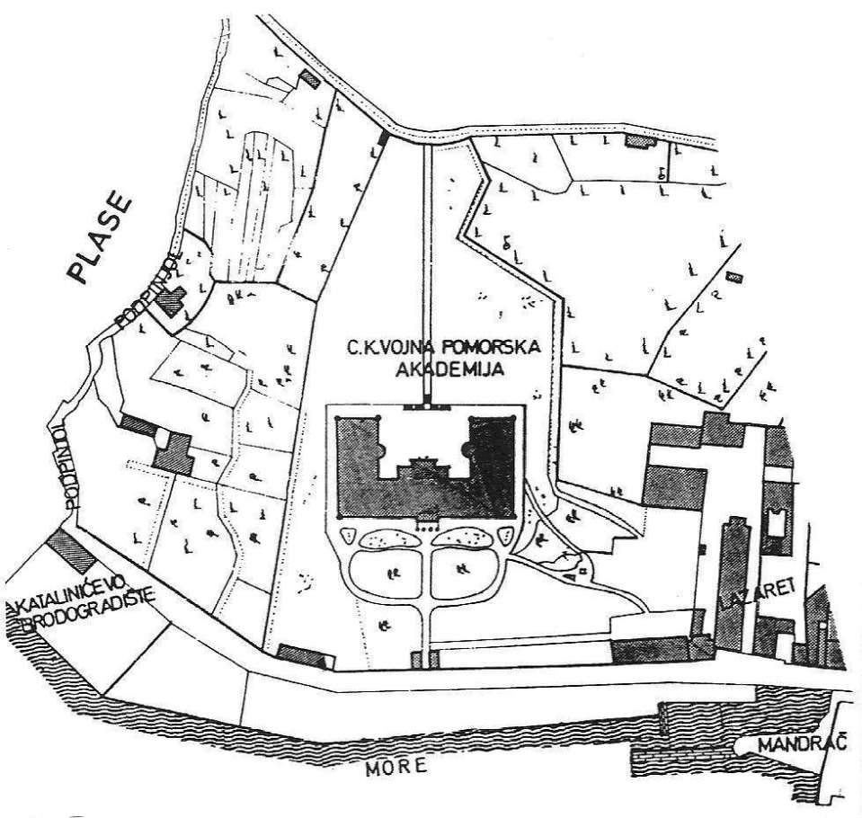 Položajni nacrt Vojne akademije, Lazareta, luke Mandrać i Katalinićevog brodogradilišta